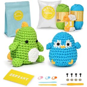 Beginners Crochet Kit, Crochet Animal Kit, All in One Crochet Knitting Kit, Crochet Kit for Beginners with Step-by-Step Video Tutorials - The Penguin&Dinosaur in Kuwait