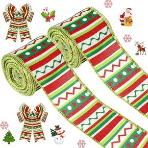 Yinder 2 Rolls 20 Yards Christmas Ribbon Red and Green Glitter Ribbon 2.5 Inch Christmas Tree Decorative DIY Ribbon for Wreaths Present Box Wrapping Xmas Party Craft Decor(Circular Stripes)