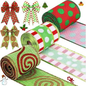 3 Rolls Christmas Wired Ribbon Red and Lime Green Christmas Wrapping Ribbon 2.56 in Wide Polka Dot Swirl Fabric Ribbons Xmas Decorative Ribbons for DIY Crafts Tree Decorations (Novelty Style) in Kuwait