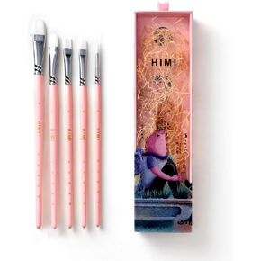 HIMI Little Bird Paint Brushes Set 5 Pcs for Acrylic Oil Gouache Paint，1 Wide Brush, 3 Fan Brush,1 Liner Brush, Interesting Designed Nice Gift for Art hobbyist Beginners Artists (Pink,5 Pcs)