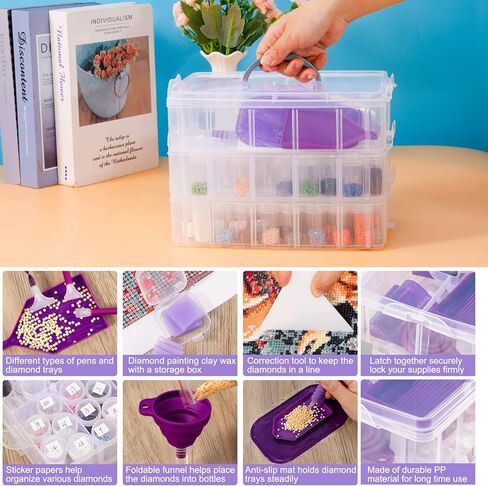 3-Tier Diamond Painting Storage Container Case, 100Slots Stackable Bead Organizer with Lids Diamond Art Accessories Tools, Diamond Art Storage Box Plastic Seed Storage Container Diamond Dots Organizer in Kuwait