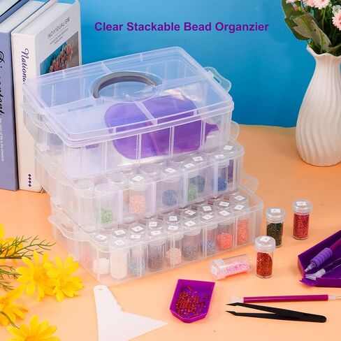 3-Tier Diamond Painting Storage Container Case, 100Slots Stackable Bead Organizer with Lids Diamond Art Accessories Tools, Diamond Art Storage Box Plastic Seed Storage Container Diamond Dots Organizer in Kuwait