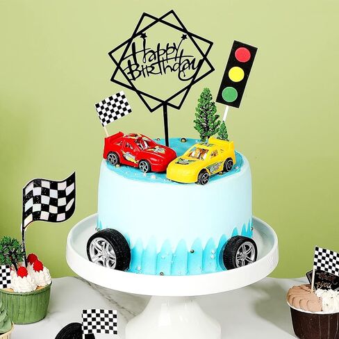Yulejo 38 Pcs Racing Car Cake Decoration with Race Car Cake Topper Wheel Checkered Racing Flag Cupcake Topper Black Birthday Cake Topper Race Car Birthday Party Supplies Car Themed Party Favor for Kid in Saudi Arabia