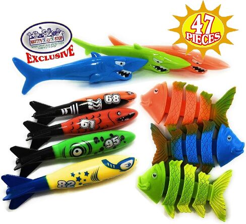 مجموعة غطس فائقة الجودة 47 قطعة من Matty's Toy Stop لحمامات الغطس والسباحة تتميز بعصي الغطس وحلقات الغطس والجواهر والكرات والصيد والطوربيد وسمكة القرش والأخطبوط وقناع البحر وشباك الصيد وحقيبة تخزين إضافية in Saudi Arabia