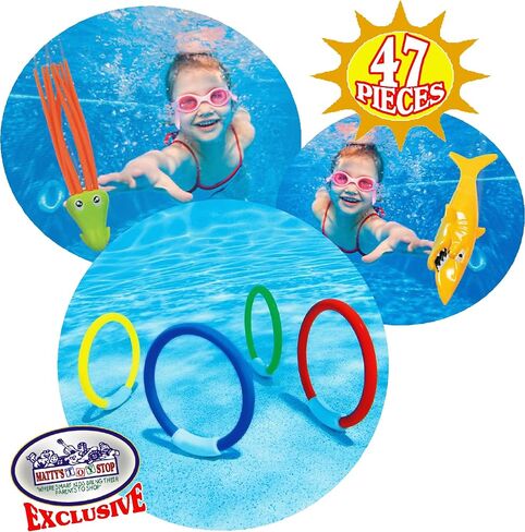 مجموعة غطس فائقة الجودة 47 قطعة من Matty's Toy Stop لحمامات الغطس والسباحة تتميز بعصي الغطس وحلقات الغطس والجواهر والكرات والصيد والطوربيد وسمكة القرش والأخطبوط وقناع البحر وشباك الصيد وحقيبة تخزين إضافية in Saudi Arabia