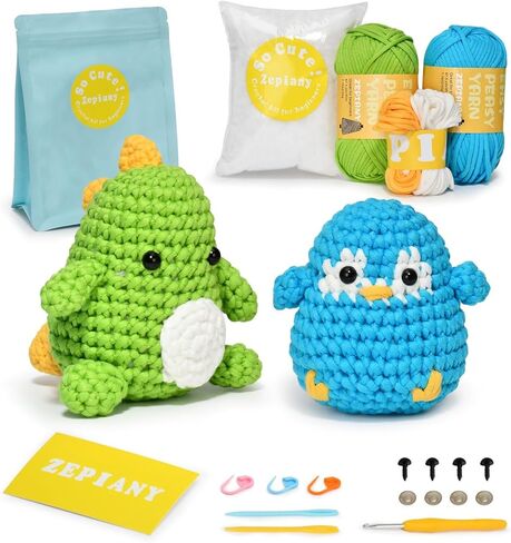Beginners Crochet Kit, Crochet Animal Kit, All in One Crochet Knitting Kit, Crochet Kit for Beginners with Step-by-Step Video Tutorials - The Penguin&Dinosaur in Kuwait