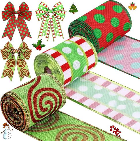 3 Rolls Christmas Wired Ribbon Red and Lime Green Christmas Wrapping Ribbon 2.56 in Wide Polka Dot Swirl Fabric Ribbons Xmas Decorative Ribbons for DIY Crafts Tree Decorations (Novelty Style) in Saudi Arabia