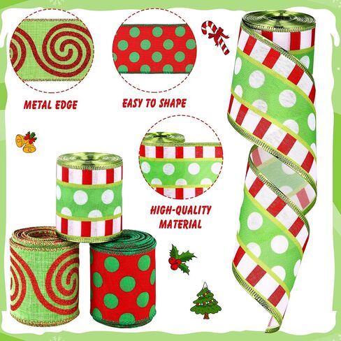 3 Rolls Christmas Wired Ribbon Red and Lime Green Christmas Wrapping Ribbon 2.56 in Wide Polka Dot Swirl Fabric Ribbons Xmas Decorative Ribbons for DIY Crafts Tree Decorations (Novelty Style) in Saudi Arabia