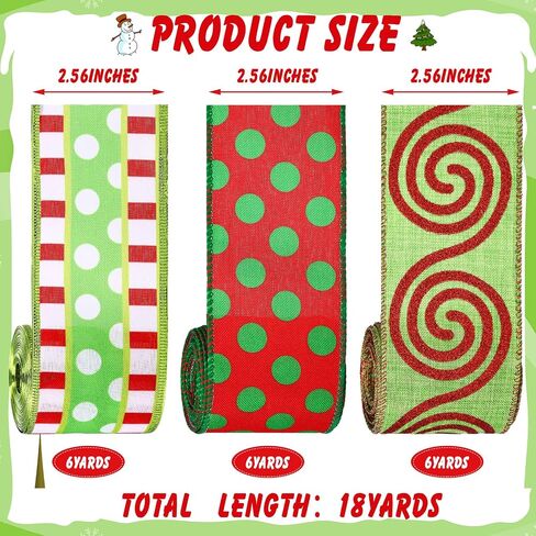 3 Rolls Christmas Wired Ribbon Red and Lime Green Christmas Wrapping Ribbon 2.56 in Wide Polka Dot Swirl Fabric Ribbons Xmas Decorative Ribbons for DIY Crafts Tree Decorations (Novelty Style) in Saudi Arabia