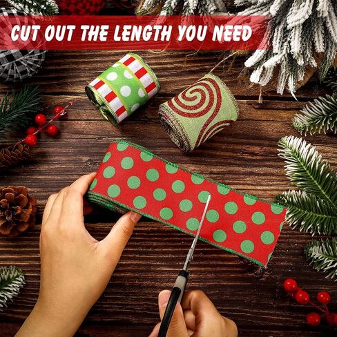 3 Rolls Christmas Wired Ribbon Red and Lime Green Christmas Wrapping Ribbon 2.56 in Wide Polka Dot Swirl Fabric Ribbons Xmas Decorative Ribbons for DIY Crafts Tree Decorations (Novelty Style) in Saudi Arabia
