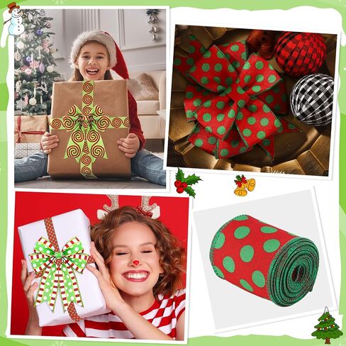 3 Rolls Christmas Wired Ribbon Red and Lime Green Christmas Wrapping Ribbon 2.56 in Wide Polka Dot Swirl Fabric Ribbons Xmas Decorative Ribbons for DIY Crafts Tree Decorations (Novelty Style) in Saudi Arabia