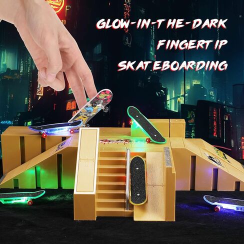 لوح تزلج للاصابع مع 6 الواح تزلج مضيئة للاصابع و3 الواح تزلج صغيرة، مجموعة منحدر لوح تزلج صغير للاصابع للتدريب، برتقالي واخضر وازرق in Kuwait