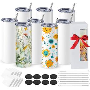 IZLYN 8 Pack Stainless Steel Sublimation Blank 20oz Tumbler. DIY Heat Transfer. Straight Skinny White Double Wall Insulated Tumbler With Lid, Straw, Gift Box & Accessories in Saudi Arabia