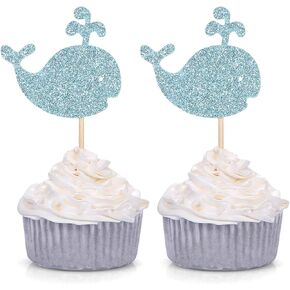 24 Blue Glitter Whale Cupcake Toppers Baby Shower Birthday Party Sea Creature Decorations in Kuwait