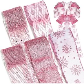 Crowye 5 Roll 50 Yard Christmas Decor Wire Ribbon Metal Mesh Glitter Ribbon Christmas Decoration Tree Bow Classification Glitter Wreath Gift Packaging Ribbon Craft Project DIY(Blue)