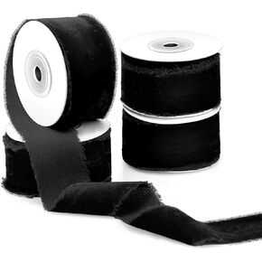 Preboun 4 Rolls Silk Velvet Ribbon for Gift Wrapping 6 Yard Frayed Edge Ribbon for Wedding Bouquet Invitations DIY Crafts Bridal Shower Wreaths Decor, 24 Yards Total(Black, 1.5 Inch)