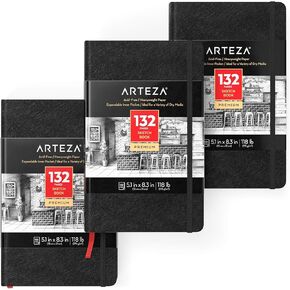 Arteza Small Sketch Book 3-Pack, 5.1x8.3 inch Sketch Pads, 100 Pages per Drawing Book, 118lb 175gsm, Hardcover Drawing Pad, Bookmark Ribbon, Expandable Inner Pocket, and Elastic Strap, for Dry Media in Saudi Arabia