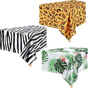 Animal Safari Tablecloth Jungle Animal Theme Tablecover Tiger Zebra Giraffe Print Table Cover Tropical Leaf Tablecloth Party Supplies for Jungle Safari Birthday Baby Showers (Greenery Style, 3 Pcs)