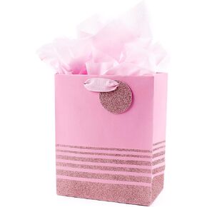 Hallmark 9" Medium Gift Bag with Tissue Paper (Pink Glitter Stripes) for Birthdays, Mothers Day, Baby Showers, Easter, Bridal Showers or Any Occasion