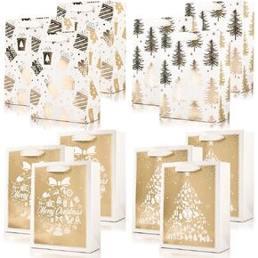 PAPER FAIR 12Pcs Navy Blue Metallic Gold White Christmas Gift Bags Bulk, Large 12.5x10.5 In, Gilded Noel Gift Wrap Bags, Seasons Greeting Foiled Paper Favor Bag Gift Packaging for Thanksgiving Holiday New Year Party in Kuwait