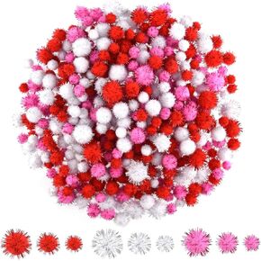MIAHART 750 Pcs Valentines Crafts Pom Poms Glitter Fluffy Pom Poms for DIY Craft Making Valentine's Day Party Decorations, 3 Sizes 3 Colors in Saudi Arabia