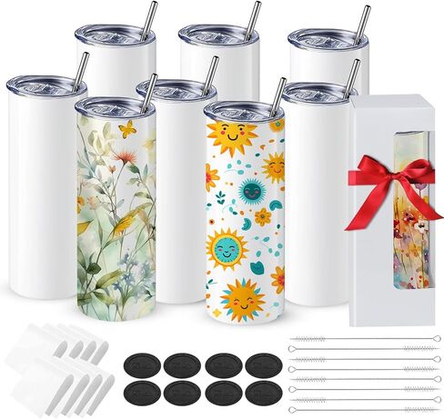 IZLYN 8 Pack Stainless Steel Sublimation Blank 20oz Tumbler. DIY Heat Transfer. Straight Skinny White Double Wall Insulated Tumbler With Lid, Straw, Gift Box & Accessories in Saudi Arabia