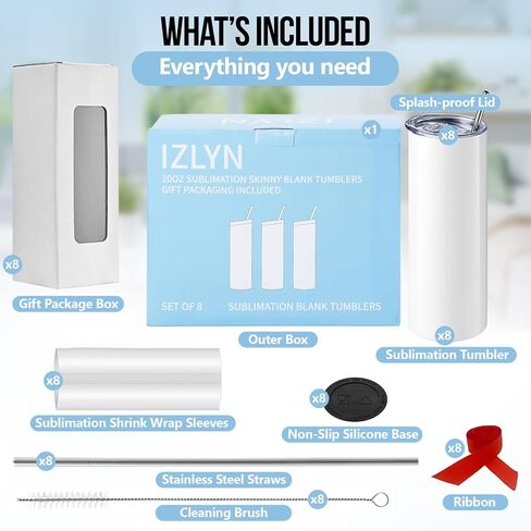 IZLYN 8 Pack Stainless Steel Sublimation Blank 20oz Tumbler. DIY Heat Transfer. Straight Skinny White Double Wall Insulated Tumbler With Lid, Straw, Gift Box & Accessories in Saudi Arabia
