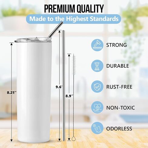 IZLYN 8 Pack Stainless Steel Sublimation Blank 20oz Tumbler. DIY Heat Transfer. Straight Skinny White Double Wall Insulated Tumbler With Lid, Straw, Gift Box & Accessories in Saudi Arabia