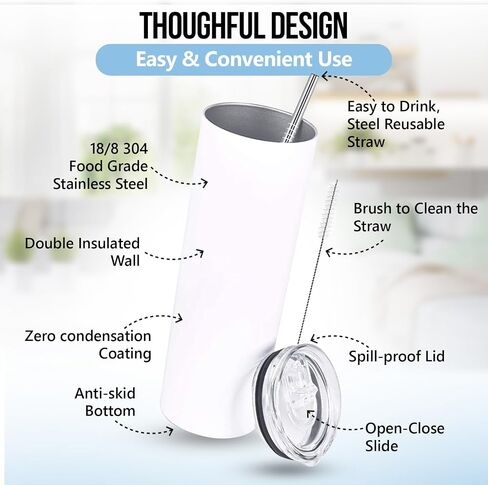IZLYN 8 Pack Stainless Steel Sublimation Blank 20oz Tumbler. DIY Heat Transfer. Straight Skinny White Double Wall Insulated Tumbler With Lid, Straw, Gift Box & Accessories in Saudi Arabia