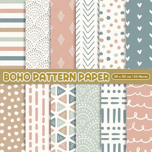 Whaline 24 Pcs Boho Pattern Paper 12 Designs Folded Flat Scrapbook Paper Double Sided Colorful Decorative Craft Paper For DIY Art Craft Card Making Scrapbook Photo Album Decor, 11.8 x 11.8 Inch in Kuwait