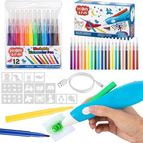Fulmoon Spray Art Graffiti Pen Cordless Electric Airbrush Sprayer Marker Set Electric Cordless Airbrush Blow Pen with Washable Watercolor Pens Spray Paint Stencils for Kids Painting Drawing Toy Gift in Saudi Arabia