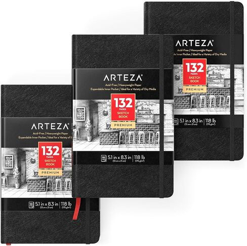 Arteza Small Sketch Book 3-Pack, 5.1x8.3 inch Sketch Pads, 100 Pages per Drawing Book, 118lb 175gsm, Hardcover Drawing Pad, Bookmark Ribbon, Expandable Inner Pocket, and Elastic Strap, for Dry Media in Saudi Arabia