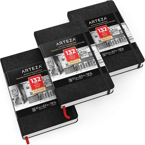Arteza Small Sketch Book 3-Pack, 5.1x8.3 inch Sketch Pads, 100 Pages per Drawing Book, 118lb 175gsm, Hardcover Drawing Pad, Bookmark Ribbon, Expandable Inner Pocket, and Elastic Strap, for Dry Media in Saudi Arabia