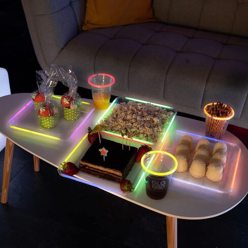 اطباق حفلات متوهجة قابلة لاعادة الاستخدام مقاس 10 انش مربعة من البلاستيك بلون اسود، عصا مضيئة للحفلات واعياد الميلاد للاطفال، عصي اضاءة نيون لتزيين ادوات المائدة والحفلات المتوهجة in Kuwait