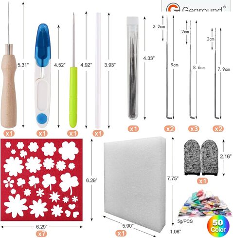 مجموعة أدوات التلبيد بالإبرة المكونة من 50 لونًا من Genround، مجموعة أدوات التلبيد الكاملة من الصوف، مجموعة أدوات التلبيد الكاملة من أدوات اللباد الصوفية مع لوازم التلبيد بإبرة الحيوانات حرفة غزل ألياف الصوف للمبتدئين in Kuwait
