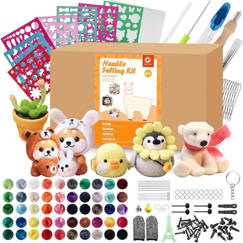 مجموعة أدوات التلبيد بالإبرة المكونة من 50 لونًا من Genround، مجموعة أدوات التلبيد الكاملة من الصوف، مجموعة أدوات التلبيد الكاملة من أدوات اللباد الصوفية مع لوازم التلبيد بإبرة الحيوانات حرفة غزل ألياف الصوف للمبتدئين in Kuwait