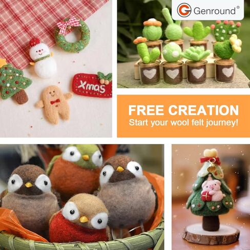 مجموعة أدوات التلبيد بالإبرة المكونة من 50 لونًا من Genround، مجموعة أدوات التلبيد الكاملة من الصوف، مجموعة أدوات التلبيد الكاملة من أدوات اللباد الصوفية مع لوازم التلبيد بإبرة الحيوانات حرفة غزل ألياف الصوف للمبتدئين in Kuwait