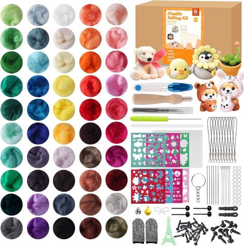 مجموعة أدوات التلبيد بالإبرة المكونة من 50 لونًا من Genround، مجموعة أدوات التلبيد الكاملة من الصوف، مجموعة أدوات التلبيد الكاملة من أدوات اللباد الصوفية مع لوازم التلبيد بإبرة الحيوانات حرفة غزل ألياف الصوف للمبتدئين in Kuwait