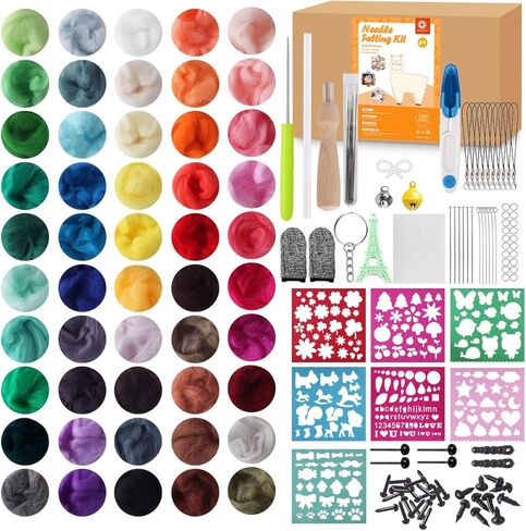 مجموعة أدوات التلبيد بالإبرة المكونة من 50 لونًا من Genround، مجموعة أدوات التلبيد الكاملة من الصوف، مجموعة أدوات التلبيد الكاملة من أدوات اللباد الصوفية مع لوازم التلبيد بإبرة الحيوانات حرفة غزل ألياف الصوف للمبتدئين in Kuwait