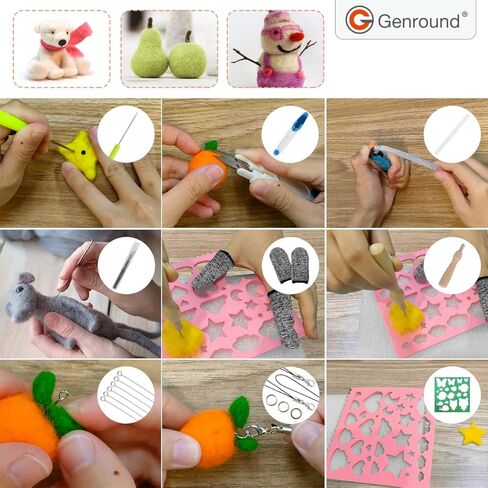 مجموعة أدوات التلبيد بالإبرة المكونة من 50 لونًا من Genround، مجموعة أدوات التلبيد الكاملة من الصوف، مجموعة أدوات التلبيد الكاملة من أدوات اللباد الصوفية مع لوازم التلبيد بإبرة الحيوانات حرفة غزل ألياف الصوف للمبتدئين in Kuwait