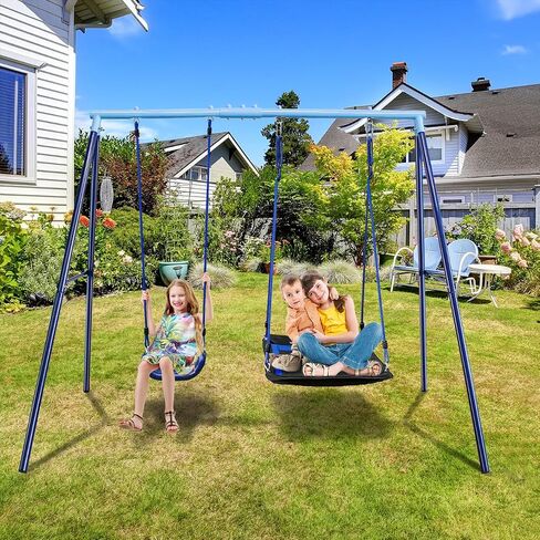 JYGOPLA 2 Seat Swing Set for Backyard, Heavy Duty Metal A-Frame Swing Holds 440 lbs,1 Adjustable Platform Swing Seat, and 1 u-Shape Seat Swing, Outdoor Playground Suitable for Kids Aged 3-8 Years in Kuwait