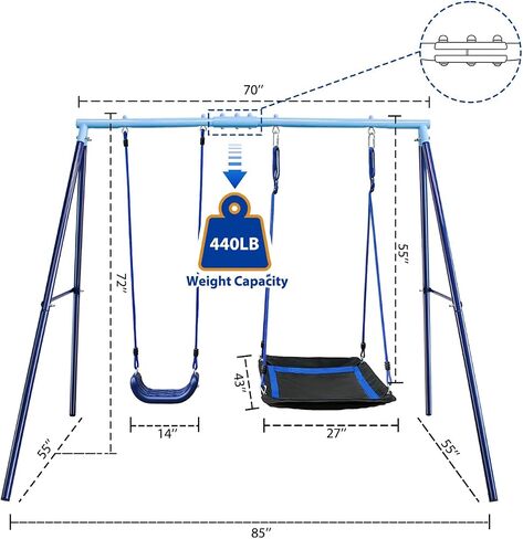 JYGOPLA 2 Seat Swing Set for Backyard, Heavy Duty Metal A-Frame Swing Holds 440 lbs,1 Adjustable Platform Swing Seat, and 1 u-Shape Seat Swing, Outdoor Playground Suitable for Kids Aged 3-8 Years in Kuwait