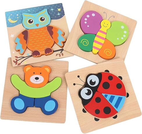 AOLIGE 4Pcs Wooden Jigsaw Puzzles Animal Educational Toys for Toddlers Kids Montessori Toys for 1 2 3 Year Old Boys Girls Pegged Puzzles 1 2 3 Years Old in Kuwait