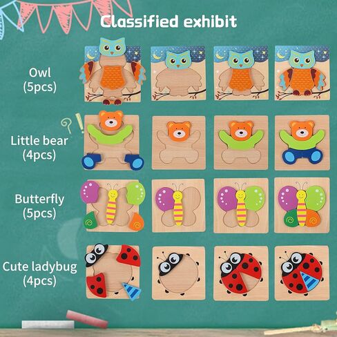 AOLIGE 4Pcs Wooden Jigsaw Puzzles Animal Educational Toys for Toddlers Kids Montessori Toys for 1 2 3 Year Old Boys Girls Pegged Puzzles 1 2 3 Years Old in Kuwait