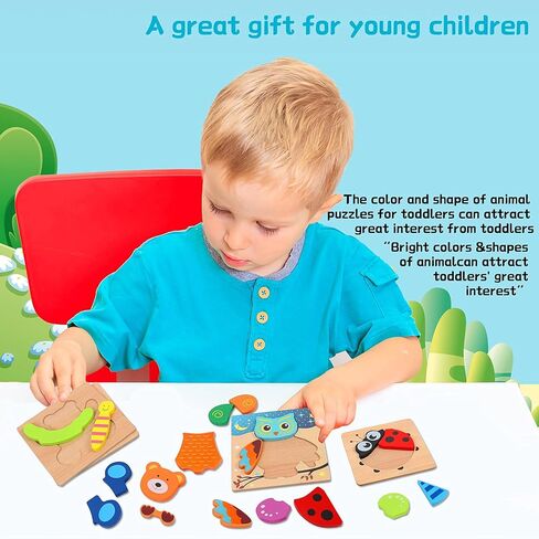 AOLIGE 4Pcs Wooden Jigsaw Puzzles Animal Educational Toys for Toddlers Kids Montessori Toys for 1 2 3 Year Old Boys Girls Pegged Puzzles 1 2 3 Years Old in Kuwait