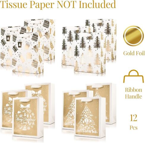 أكياس هدايا عيد الميلاد من PAPER FAIR 12 قطعة من أكياس هدايا عيد الميلاد باللون الأزرق الداكن المعدني والذهبي والأبيض، كبيرة مقاس 12.5 × 10.5 بوصة، أكياس تغليف هدايا نويل مذهبة، أكياس هدايا ورقية محببة للتهنئة بالموسم، تغليف هدايا لعيد الشكر وحفلة رأس الس in Kuwait
