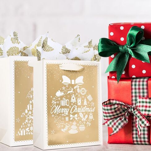 أكياس هدايا عيد الميلاد من PAPER FAIR 12 قطعة من أكياس هدايا عيد الميلاد باللون الأزرق الداكن المعدني والذهبي والأبيض، كبيرة مقاس 12.5 × 10.5 بوصة، أكياس تغليف هدايا نويل مذهبة، أكياس هدايا ورقية محببة للتهنئة بالموسم، تغليف هدايا لعيد الشكر وحفلة رأس الس in Kuwait