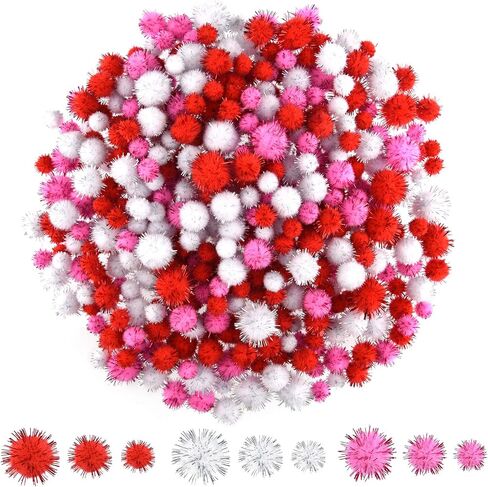 MIAHART 750 Pcs Valentines Crafts Pom Poms Glitter Fluffy Pom Poms for DIY Craft Making Valentine's Day Party Decorations, 3 Sizes 3 Colors in Saudi Arabia