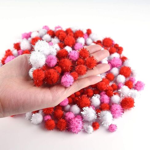 MIAHART 750 Pcs Valentines Crafts Pom Poms Glitter Fluffy Pom Poms for DIY Craft Making Valentine's Day Party Decorations, 3 Sizes 3 Colors in Saudi Arabia