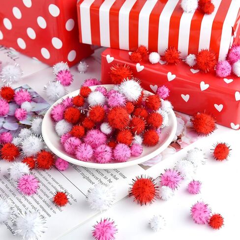 MIAHART 750 Pcs Valentines Crafts Pom Poms Glitter Fluffy Pom Poms for DIY Craft Making Valentine's Day Party Decorations, 3 Sizes 3 Colors in Saudi Arabia